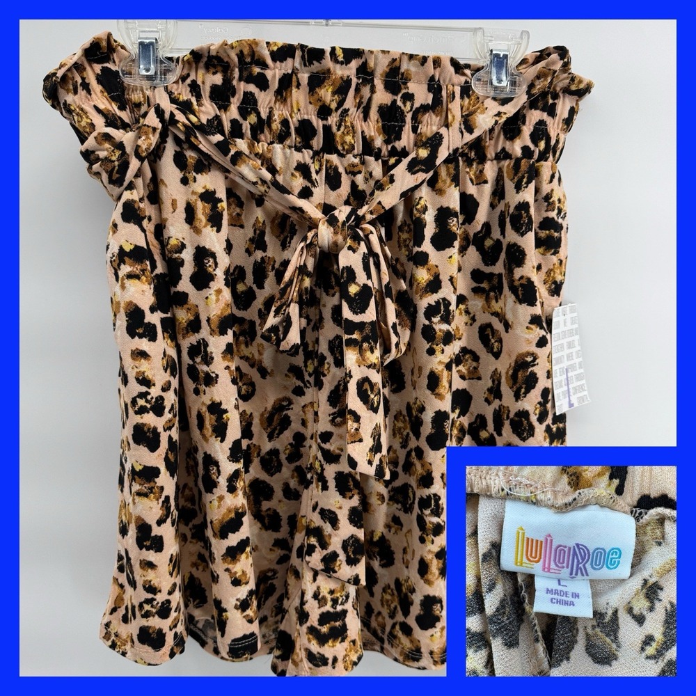 LuLaRoe Ella Shorts Women Large Leopard Animal Print Paperbag Waist Belted NEW